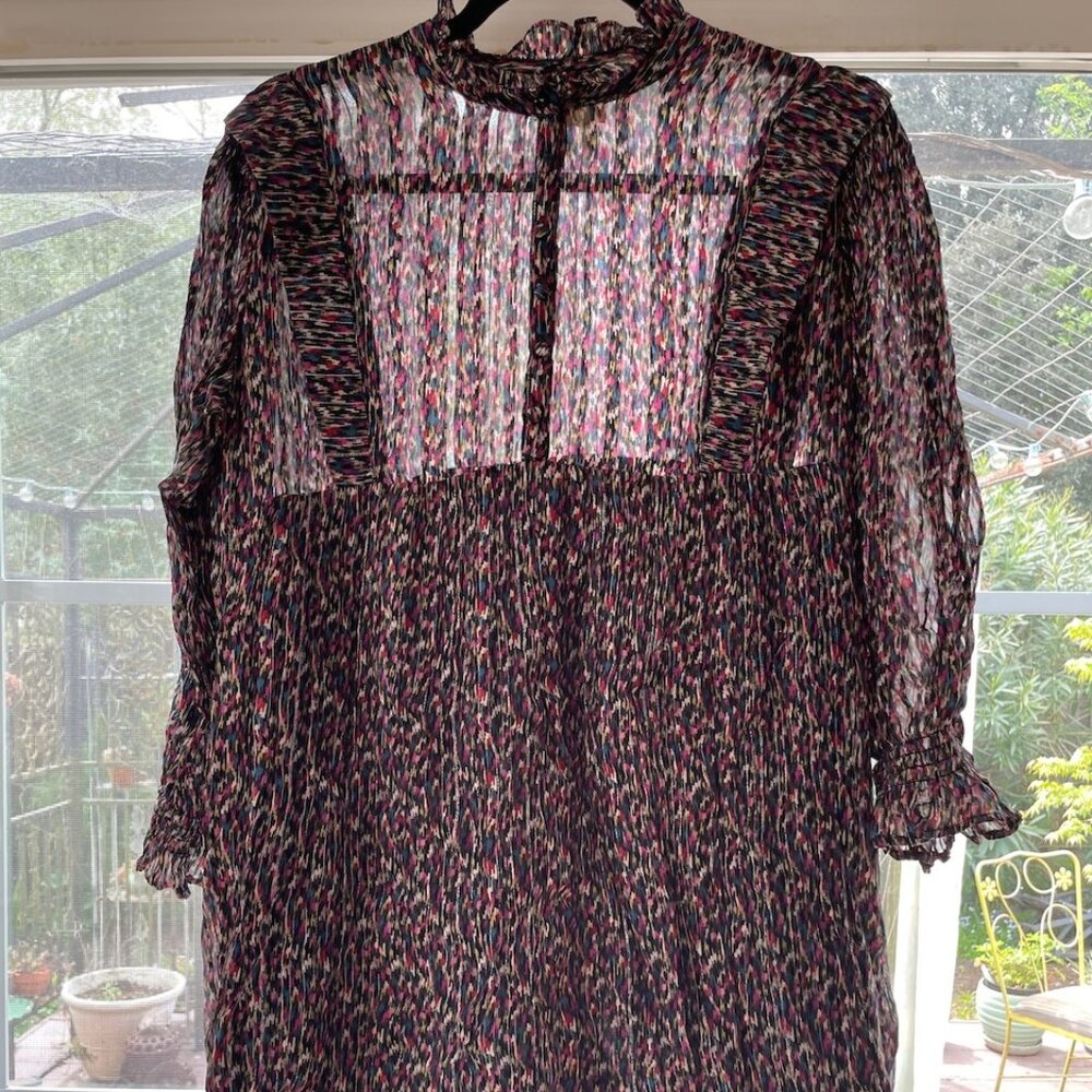 Ba&sh multicolored mini-dress, size 8, ruffle detail, long sleeves, lined skirt